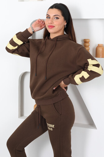 Kapüşonlu Baskılı Üç İp Kahverengi Kadın Sweat Takım - 6