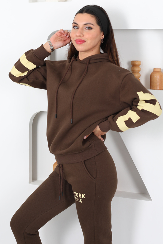 Kapüşonlu Baskılı Üç İp Kahverengi Kadın Sweat Takım - 6