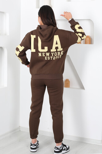 Kapüşonlu Baskılı Üç İp Kahverengi Kadın Sweat Takım - 7