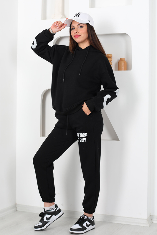 Kapüşonlu Baskılı Üç İp Siyah Kadın Sweat Takım - 1