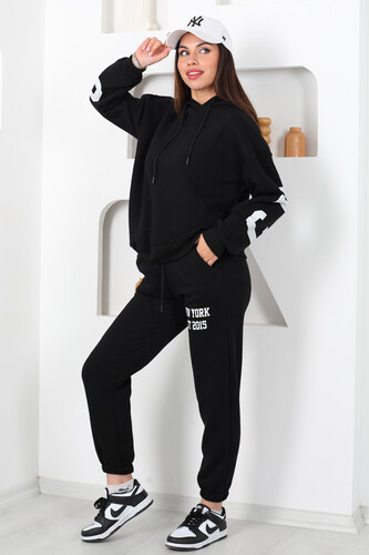 Kapüşonlu Baskılı Üç İp Siyah Kadın Sweat Takım - Berox (1)