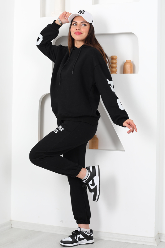 Kapüşonlu Baskılı Üç İp Siyah Kadın Sweat Takım - 3