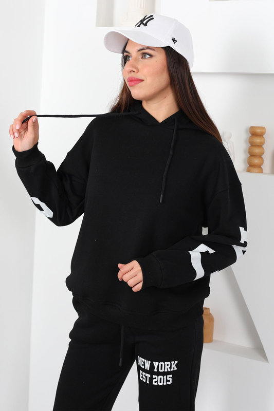 Kapüşonlu Baskılı Üç İp Siyah Kadın Sweat Takım - 4