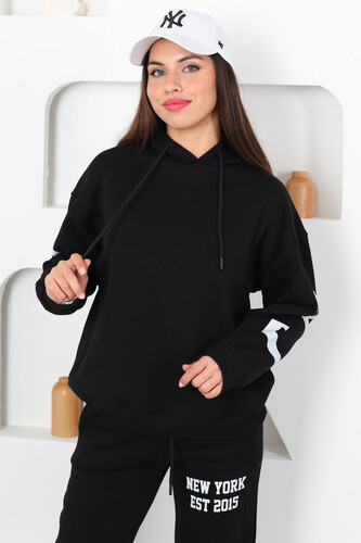 Kapüşonlu Baskılı Üç İp Siyah Kadın Sweat Takım - 5