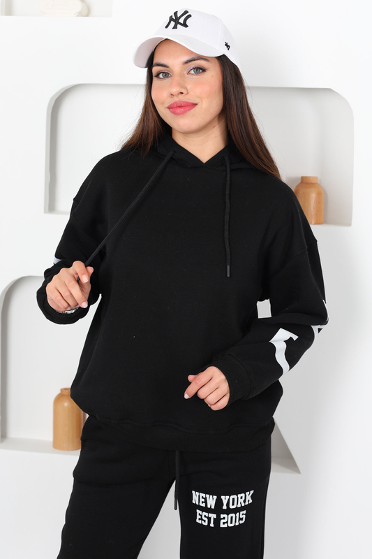 Kapüşonlu Baskılı Üç İp Siyah Kadın Sweat Takım - 5