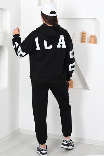 Kapüşonlu Baskılı Üç İp Siyah Kadın Sweat Takım - 6