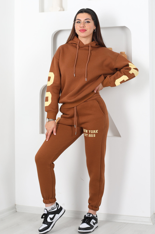Kapüşonlu Baskılı Üç İp Taba Kadın Sweat Takım - 2