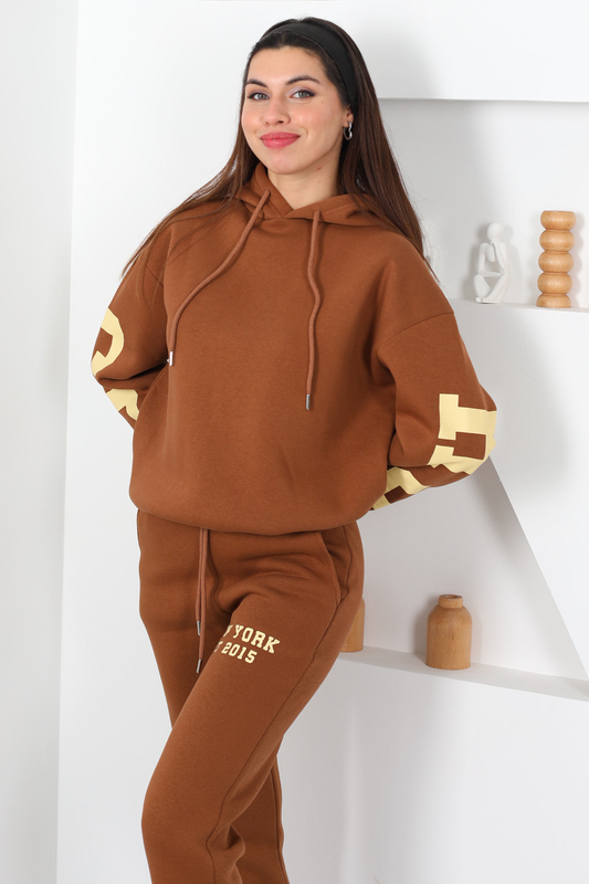 Kapüşonlu Baskılı Üç İp Taba Kadın Sweat Takım - 3