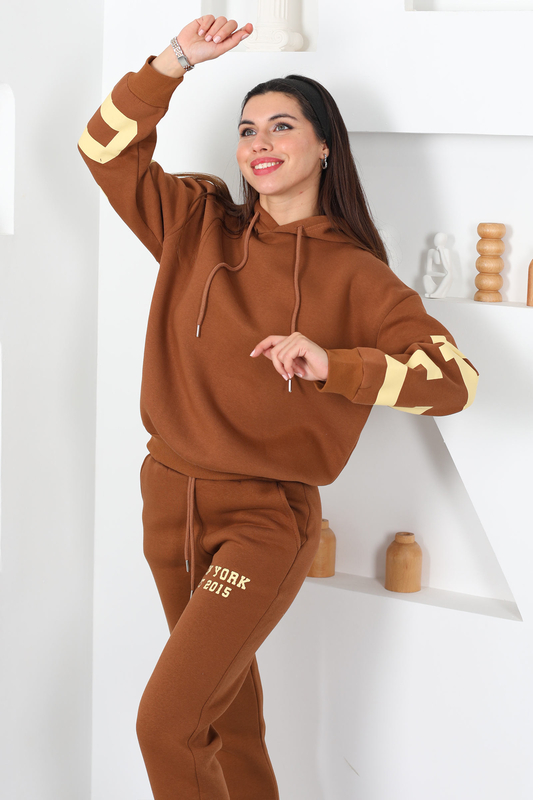 Kapüşonlu Baskılı Üç İp Taba Kadın Sweat Takım - 4