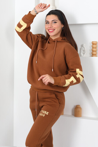 Kapüşonlu Baskılı Üç İp Taba Kadın Sweat Takım - 5