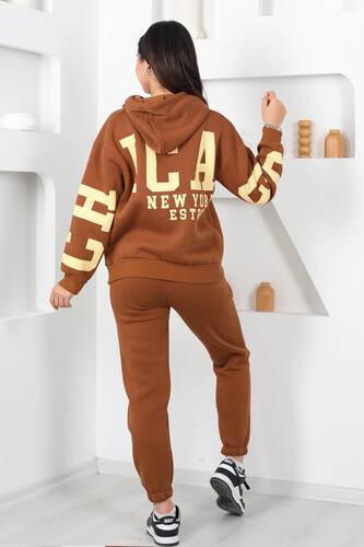 Kapüşonlu Baskılı Üç İp Taba Kadın Sweat Takım - 7