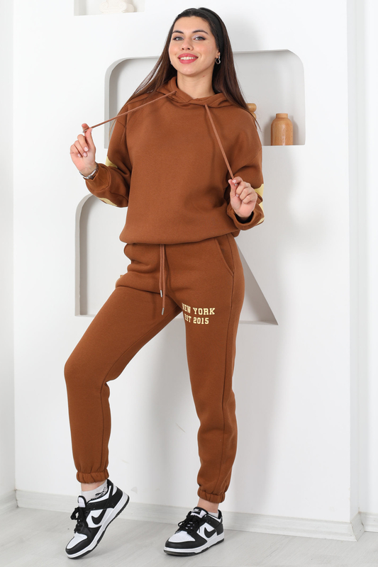 Kapüşonlu Baskılı Üç İp Taba Kadın Sweat Takım - 6