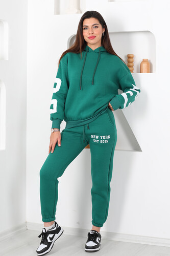Kapüşonlu Baskılı Üç İp Yeşil Kadın Sweat Takım - Berox