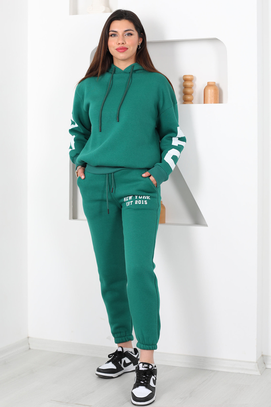 Kapüşonlu Baskılı Üç İp Yeşil Kadın Sweat Takım - 2