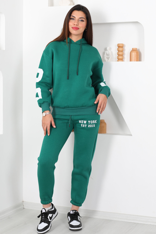 Kapüşonlu Baskılı Üç İp Yeşil Kadın Sweat Takım - 3