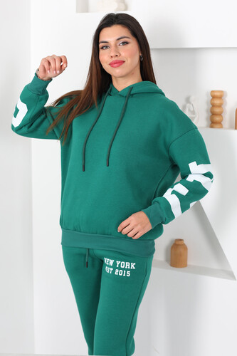 Kapüşonlu Baskılı Üç İp Yeşil Kadın Sweat Takım - 5