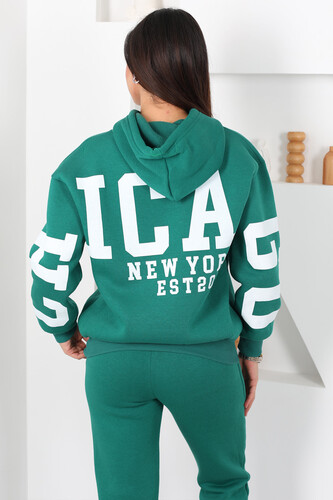 Kapüşonlu Baskılı Üç İp Yeşil Kadın Sweat Takım - 7