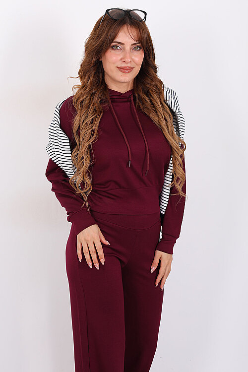 Kapüşonlu Beli Lastikli Mürdüm Kadın Pantolon Takım - 3
