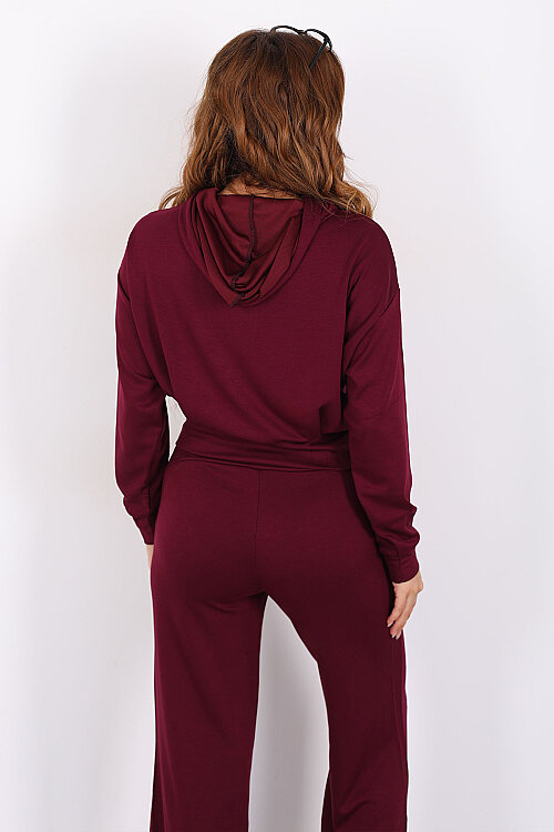 Kapüşonlu Beli Lastikli Mürdüm Kadın Pantolon Takım - 5