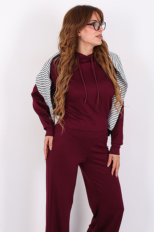 Kapüşonlu Beli Lastikli Mürdüm Kadın Pantolon Takım - 6