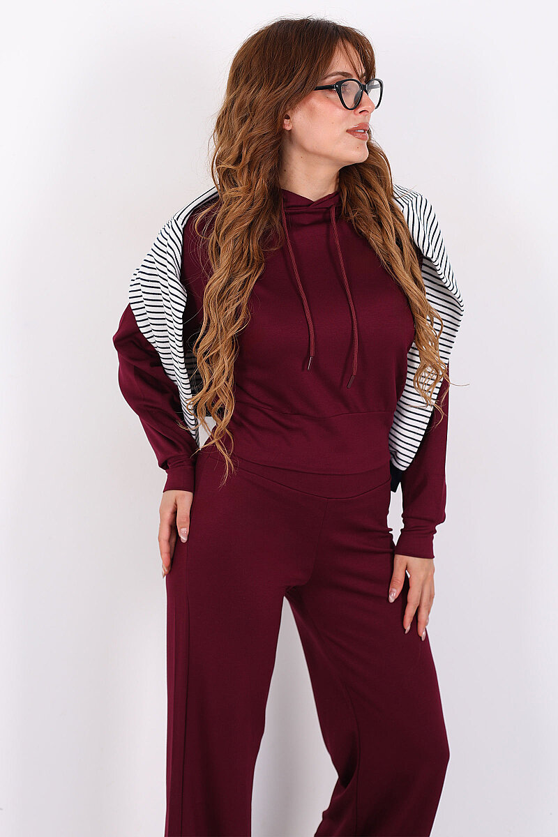 Kapüşonlu Beli Lastikli Mürdüm Kadın Pantolon Takım - 6