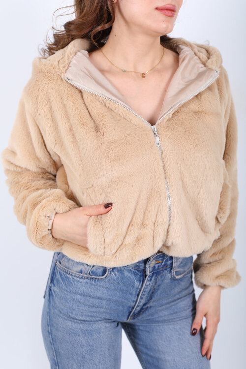 Kapüşonlu Beli Lastikli Peluş Bej Kadın Kısa Mont - Berox (1)