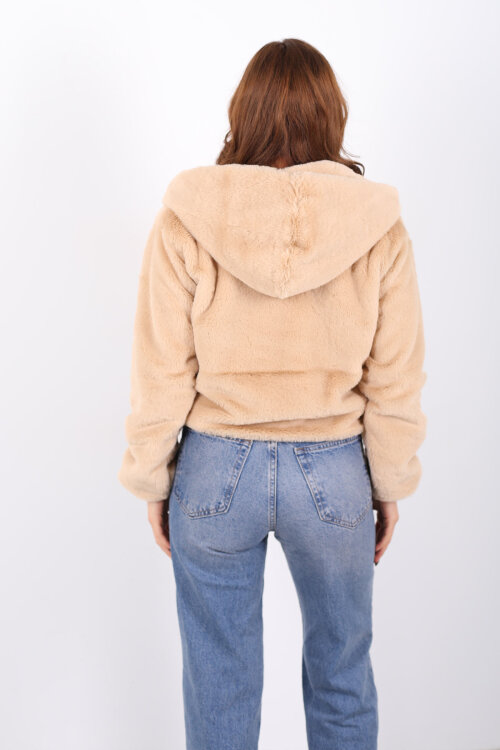 Kapüşonlu Beli Lastikli Peluş Bej Kadın Kısa Mont - 5