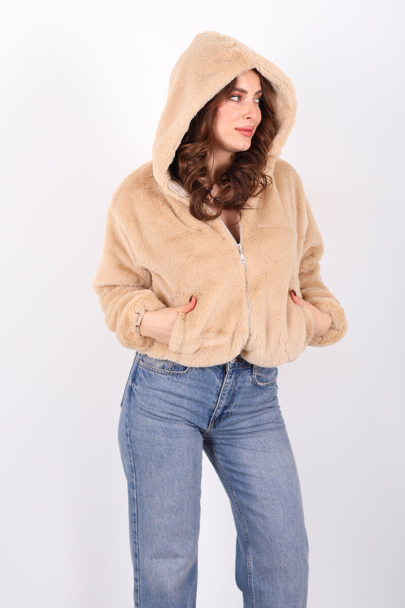 Kapüşonlu Beli Lastikli Peluş Bej Kadın Kısa Mont - 1