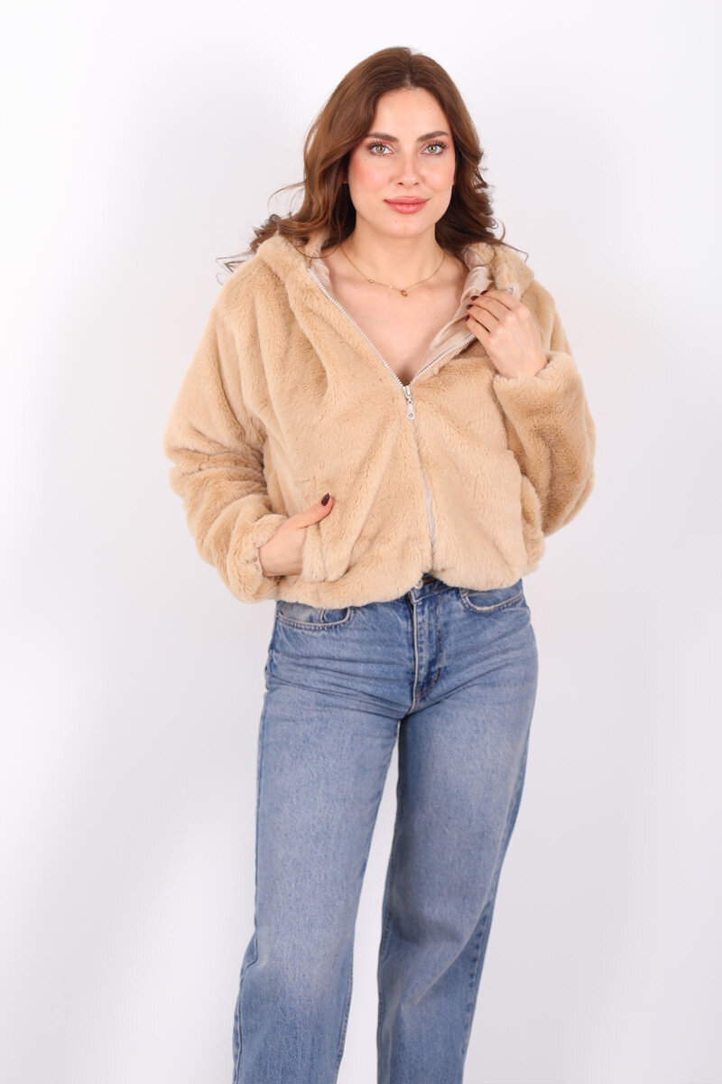 Kapüşonlu Beli Lastikli Peluş Bej Kadın Kısa Mont - 3