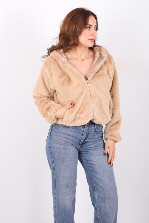 Kapüşonlu Beli Lastikli Peluş Bej Kadın Kısa Mont - 6