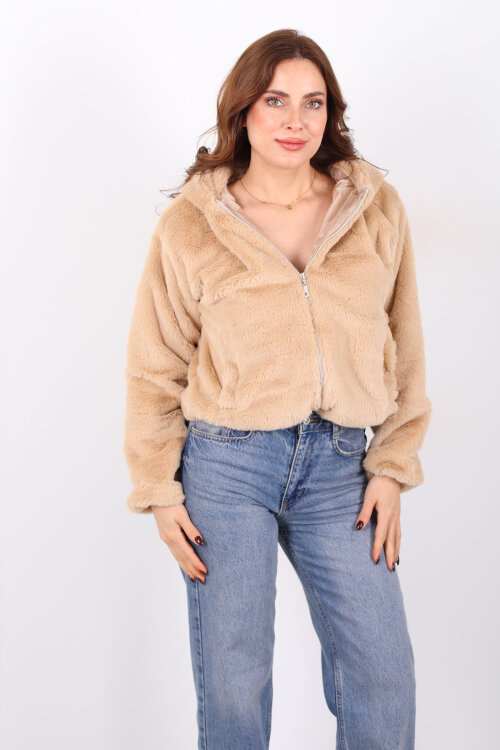 Kapüşonlu Beli Lastikli Peluş Bej Kadın Kısa Mont - 4