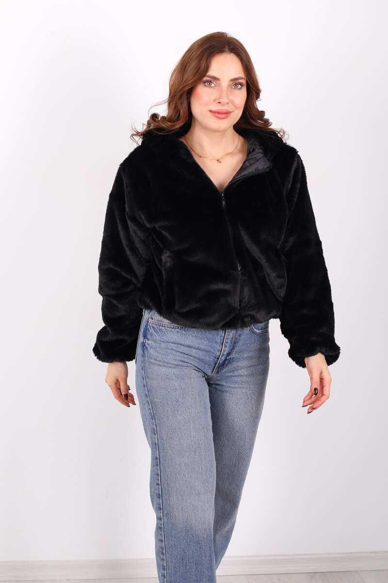 Kapüşonlu Beli Lastikli Peluş Siyah Kadın Kısa Mont - 4