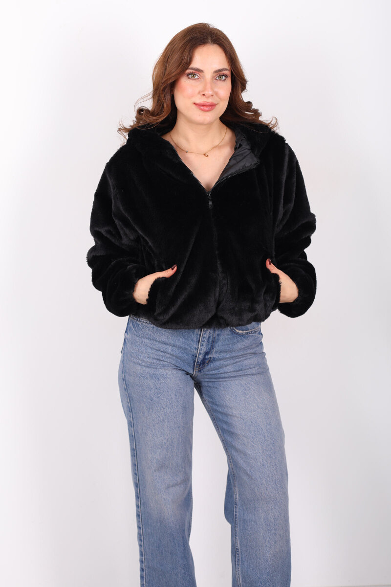 Kapüşonlu Beli Lastikli Peluş Siyah Kadın Kısa Mont - 1