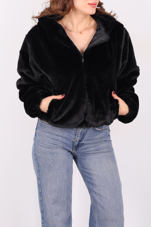 Kapüşonlu Beli Lastikli Peluş Siyah Kadın Kısa Mont - Berox (1)