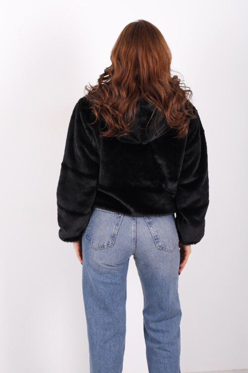 Kapüşonlu Beli Lastikli Peluş Siyah Kadın Kısa Mont - 5