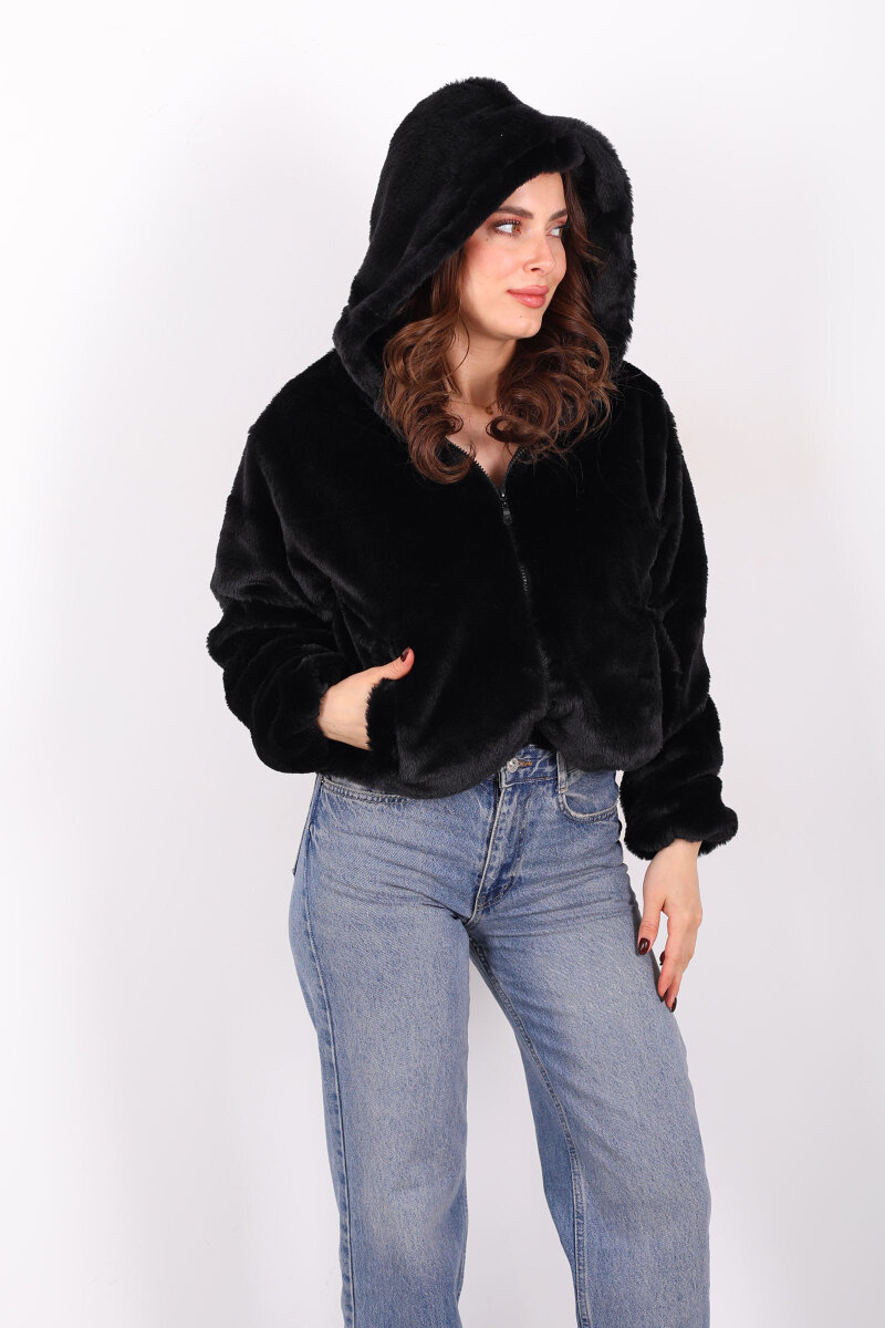 Kapüşonlu Beli Lastikli Peluş Siyah Kadın Kısa Mont - 6