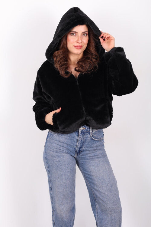 Kapüşonlu Beli Lastikli Peluş Siyah Kadın Kısa Mont - 3