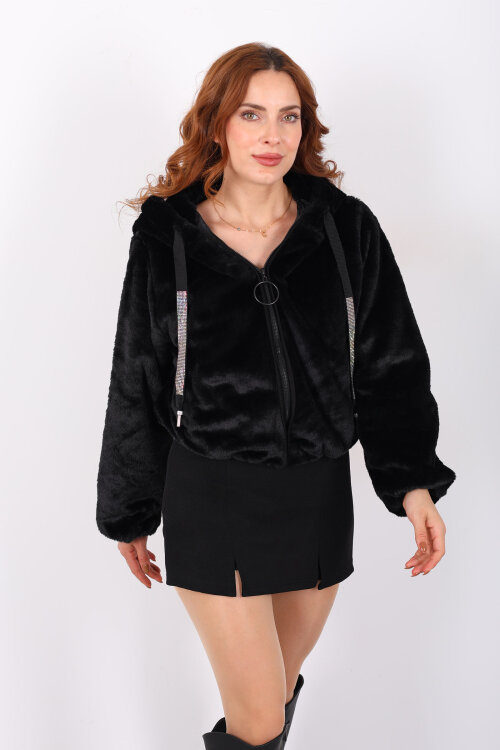 Kapüşonlu Beli Lastikli Siyah Kadın Peluş Mont - 4