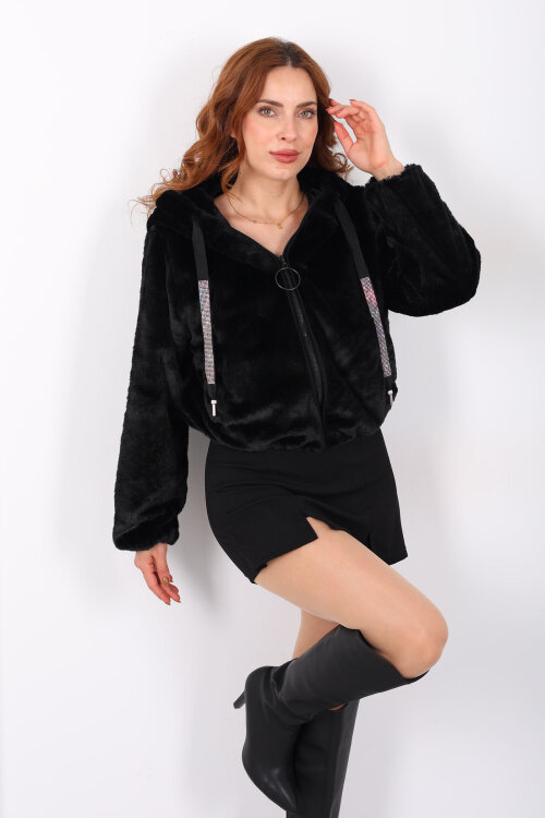 Kapüşonlu Beli Lastikli Siyah Kadın Peluş Mont - Berox