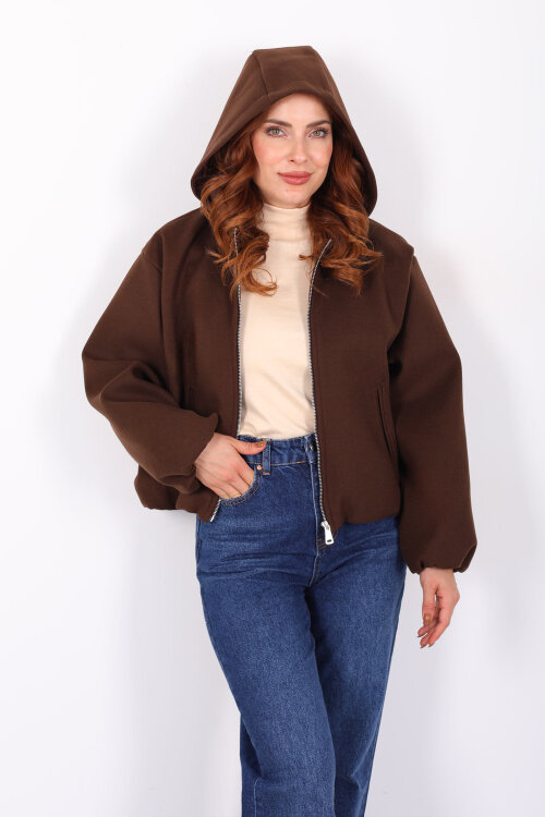 Kapüşonlu Çift Cepli Acı Kahve Kadın Kaşe Kaban - 5