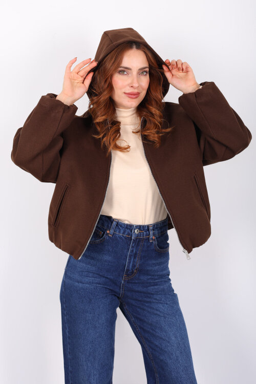 Kapüşonlu Çift Cepli Acı Kahve Kadın Kaşe Kaban - 3