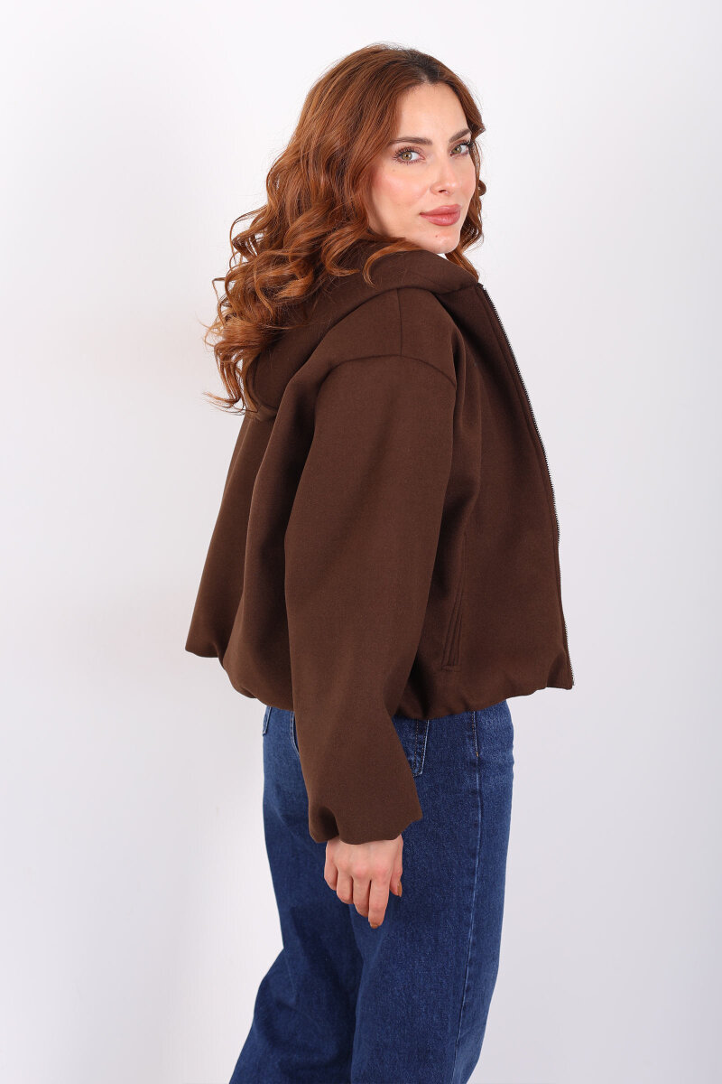 Kapüşonlu Çift Cepli Acı Kahve Kadın Kaşe Kaban - 6