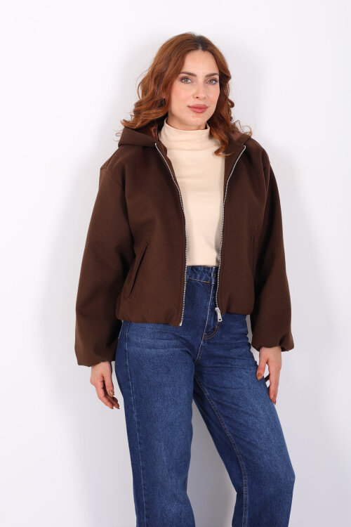 Kapüşonlu Çift Cepli Acı Kahve Kadın Kaşe Kaban - 7