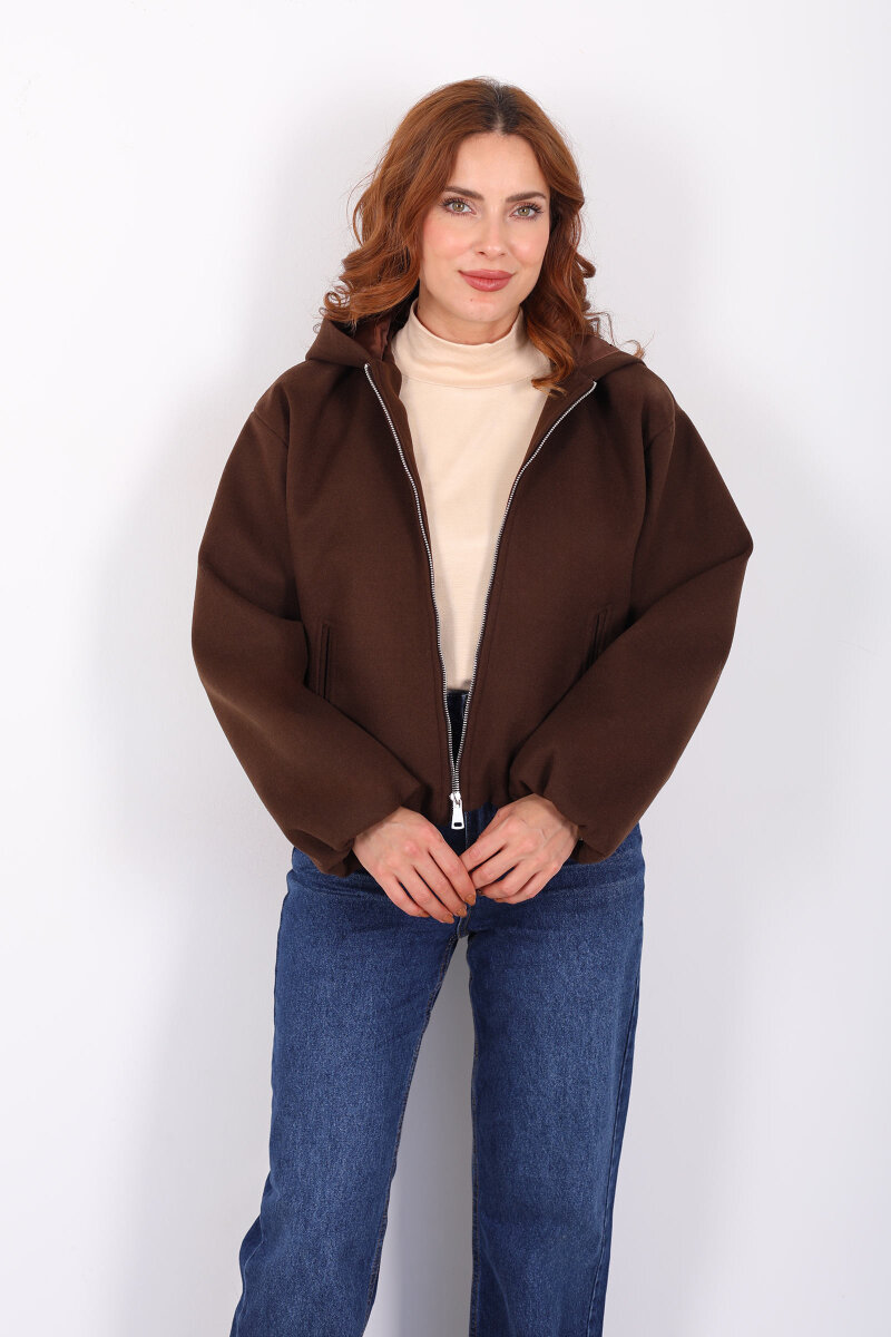 Kapüşonlu Çift Cepli Acı Kahve Kadın Kaşe Kaban - 1