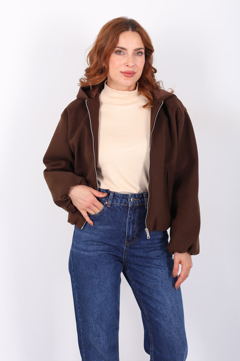 Kapüşonlu Çift Cepli Acı Kahve Kadın Kaşe Kaban - 4