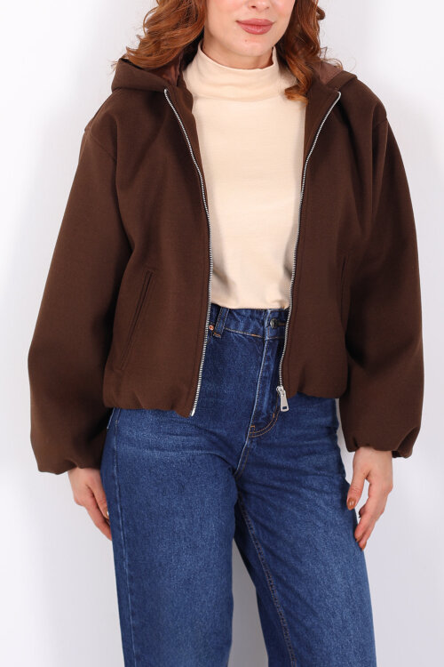 Kapüşonlu Çift Cepli Acı Kahve Kadın Kaşe Kaban - Berox (1)