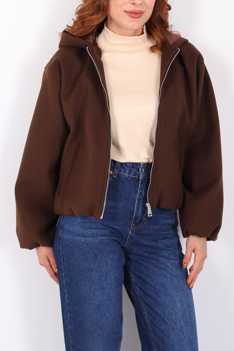 Kapüşonlu Çift Cepli Acı Kahve Kadın Kaşe Kaban - 2