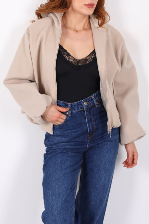 Kapüşonlu Çift Cepli Bej Kadın Kaşe Kaban - Berox (1)