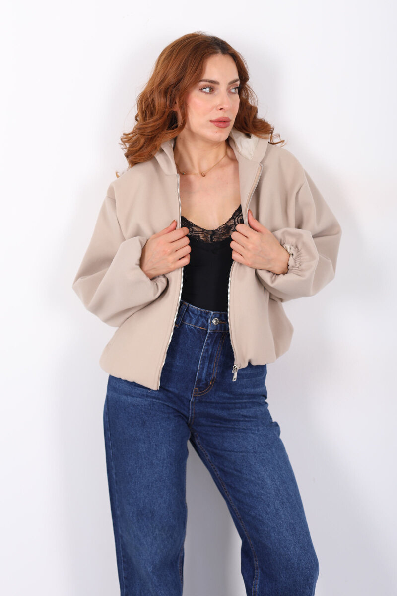 Kapüşonlu Çift Cepli Bej Kadın Kaşe Kaban - 4