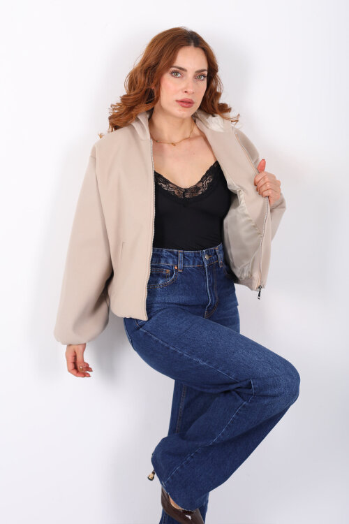 Kapüşonlu Çift Cepli Bej Kadın Kaşe Kaban - 3